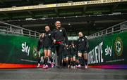 8 April 2024; Players, from left, Abbie Larkin, Grace Moloney and Izzy Atkinson during a Republic of Ireland Women's training session at the Aviva Stadium in Dublin. Photo by Stephen McCarthy/Sportsfile