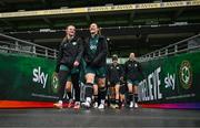 8 April 2024; Goalkeeper Courtney Brosnan, left, and Megan Campbell during a Republic of Ireland Women's training session at the Aviva Stadium in Dublin. Photo by Stephen McCarthy/Sportsfile