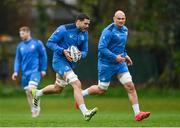 8 April 2024; Max Deegan and Rhys Ruddock during a Leinster Rugby squad training session at UCD in Dublin. Photo by Harry Murphy/Sportsfile