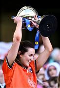 7 April 2024; Aimee Mackin of Armagh lifts the cup after her side's victory in the Lidl LGFA National League Division 1 final match between Armagh and Kerry at Croke Park in Dublin. Photo by Piaras Ó Mídheach/Sportsfile