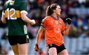 7 April 2024; Aimee Mackin of Armagh celebrates scoring her side's first goal during the Lidl LGFA National League Division 1 final match between Armagh and Kerry at Croke Park in Dublin. Photo by Piaras Ó Mídheach/Sportsfile