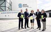 9 April 2024; Sport Ireland Anti-Doping has today published its Annual Report for 2023, during which a record number of tests were carried out, pictured are, from left, Sport Ireland intelligence and investigations officer Michael Heffernan, anti-doping committee chairperson Roger O’Connor, Sport Ireland chief executive officer Dr Úna May, WADA director of intelligence and investigations Gunther Younger and Sport Ireland director of anti-doping and ethics Cólleen Devine O’Rourke at the launch of the anti-doping annual report 2023 at Sport Ireland National Indoor Arena in Dublin. Photo by Harry Murphy/Sportsfile