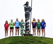 9 April 2024; Leinster LGFA President Trina Murray with players, from left, Minor C finalist Brígh McEnteggart of Louth, Minor A finalist Sophie Knightly of Kildare, Minor B finalists Líadan Murphy of Dublin and Beibhinn McDonald of Wexford, Minor A finalist Kerrie Cole of Meath and Minor C semi-finalist Leila Shannon of Wicklow at the Leinster LGFA Minor Captains’ evening at Dún na Sí Park in Moate, Westmeath, ahead of the upcoming 2024 Minor Championship Finals. Photo by Piaras Ó Mídheach/Sportsfile