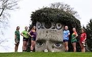 9 April 2024; Players, from left, Kerrie Cole of Meath and Sophie Knightly of Kildare, Minor A finalists, Beibhinn McDonald of Wexford and Líadan Murphy of Dublin, Minor B finalists, and Minor C semi-finalist Clodagh Mahon of Carlow and Minor C finalist Brígh McEnteggart of Louth at the Leinster LGFA Minor Captains’ evening at Dún na Sí Park in Moate, Westmeath, ahead of the upcoming 2024 Minor Championship Finals. Photo by Piaras Ó Mídheach/Sportsfile