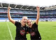 7 April 2024; Kildare players Ellen Dowling, left, and Fiona Troute celebrate after their side's victory in the Lidl LGFA National League Division 2 final match between Kildare and Tyrone at Croke Park in Dublin. Photo by Piaras Ó Mídheach/Sportsfile