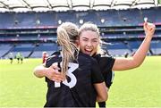7 April 2024; Kildare players Ellen Dowling, right, and Neasa Dooley of Kildare celebrate after their side's victory in the Lidl LGFA National League Division 2 final match between Kildare and Tyrone at Croke Park in Dublin. Photo by Piaras Ó Mídheach/Sportsfile