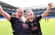 7 April 2024; Kildare players Ellen Dowling, right, and Neasa Dooley of Kildare celebrate after their side's victory in the Lidl LGFA National League Division 2 final match between Kildare and Tyrone at Croke Park in Dublin. Photo by Piaras Ó Mídheach/Sportsfile