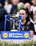 7 April 2024; Kildare captain Grace Clifford waits to lift the cup after her side's victory in the Lidl LGFA National League Division 2 final match between Kildare and Tyrone at Croke Park in Dublin. Photo by Piaras Ó Mídheach/Sportsfile