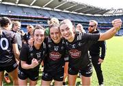 7 April 2024; Kildare players, from left, Claire Sullivan, Trina Duggan and Ellen Dowling celebrate after their side's victory in the Lidl LGFA National League Division 2 final match between Kildare and Tyrone at Croke Park in Dublin. Photo by Piaras Ó Mídheach/Sportsfile