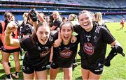7 April 2024; Kildare players, from left, Lauren Murtagh, Fiona Troute and Ruth Sargent celebrate after their side's victory in the Lidl LGFA National League Division 2 final match between Kildare and Tyrone at Croke Park in Dublin. Photo by Piaras Ó Mídheach/Sportsfile