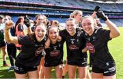 7 April 2024; Kildare players, from left, Lauren Murtagh, Fiona Troute, Ruth Sargent and Aoife Clifford celebrate after their side's victory in the Lidl LGFA National League Division 2 final match between Kildare and Tyrone at Croke Park in Dublin. Photo by Piaras Ó Mídheach/Sportsfile