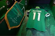 9 April 2024; The match pennant and jersey of captain Katie McCabe in the Republic of Ireland dressingroom before the UEFA Women's European Championship qualifying group A match between Republic of Ireland and England at Aviva Stadium in Dublin. Photo by Stephen McCarthy/Sportsfile
