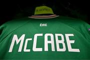 9 April 2024; The jersey of captain Katie McCabe in the Republic of Ireland dressingroom before the UEFA Women's European Championship qualifying group A match between Republic of Ireland and England at Aviva Stadium in Dublin. Photo by Stephen McCarthy/Sportsfile