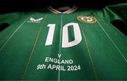 9 April 2024; The jersey of Denise O'Sullivan in the Republic of Ireland dressingroom before the UEFA Women's European Championship qualifying group A match between Republic of Ireland and England at Aviva Stadium in Dublin. Photo by Stephen McCarthy/Sportsfile