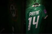 9 April 2024; The jersey of Heather Payne in the Republic of Ireland dressingroom before the UEFA Women's European Championship qualifying group A match between Republic of Ireland and England at Aviva Stadium in Dublin. Photo by Stephen McCarthy/Sportsfile