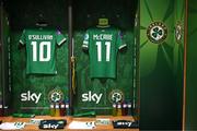 9 April 2024; The jerseys of Denise O'Sullivan and Katie McCabe in the Republic of Ireland dressingroom before the UEFA Women's European Championship qualifying group A match between Republic of Ireland and England at Aviva Stadium in Dublin. Photo by Stephen McCarthy/Sportsfile