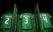 9 April 2024; The jerseys of Jessie Stapleton, Megan Campbell and Louise Quinn in the Republic of Ireland dressingroom before the UEFA Women's European Championship qualifying group A match between Republic of Ireland and England at Aviva Stadium in Dublin. Photo by Stephen McCarthy/Sportsfile