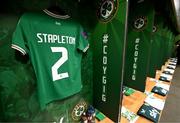 9 April 2024; The jersey of Jessie Stapleton in the Republic of Ireland dressingroom before the UEFA Women's European Championship qualifying group A match between Republic of Ireland and England at Aviva Stadium in Dublin. Photo by Stephen McCarthy/Sportsfile