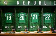 9 April 2024; The jerseys of Tyler Toland, Leanne Kiernan, Emily Murphy and Izzy Atkinson in the Republic of Ireland dressingroom before the UEFA Women's European Championship qualifying group A match between Republic of Ireland and England at Aviva Stadium in Dublin. Photo by Stephen McCarthy/Sportsfile