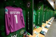9 April 2024; The jersey of Courtney Brosnan in the Republic of Ireland dressingroom before the UEFA Women's European Championship qualifying group A match between Republic of Ireland and England at Aviva Stadium in Dublin. Photo by Stephen McCarthy/Sportsfile