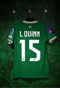 9 April 2024; The jersey of Lucy Quinn in the Republic of Ireland dressingroom before the UEFA Women's European Championship qualifying group A match between Republic of Ireland and England at Aviva Stadium in Dublin. Photo by Stephen McCarthy/Sportsfile
