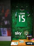 9 April 2024; The jersey of Lucy Quinn in the Republic of Ireland dressingroom before the UEFA Women's European Championship qualifying group A match between Republic of Ireland and England at Aviva Stadium in Dublin. Photo by Stephen McCarthy/Sportsfile