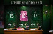 9 April 2024; The jerseys of Lucy Quinn, Grace Moloney and Lily Agg hang in the Republic of Ireland dressingroom before the UEFA Women's European Championship qualifying group A match between Republic of Ireland and England at Aviva Stadium in Dublin. Photo by Stephen McCarthy/Sportsfile