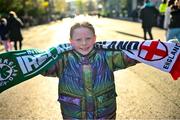 9 April 2024; Republic of Ireland supporter Alex Lynch, age 8, from the Liberties, Dublin, before the UEFA Women's European Championship qualifying group A match between Republic of Ireland and England at Aviva Stadium in Dublin. Photo by Ramsey Cardy/Sportsfile