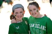 9 April 2024; Republic of Ireland supporters Chloe, left, age 10, and Ellie Murphy, age 12, from Leixlip in Kildare, before the UEFA Women's European Championship qualifying group A match between Republic of Ireland and England at Aviva Stadium in Dublin. Photo by Ramsey Cardy/Sportsfile