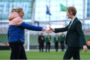 9 April 2024; England manager Sarina Wiegman, left, and Republic of Ireland head coach Eileen Gleeson shake hands before the UEFA Women's European Championship qualifying group A match between Republic of Ireland and England at Aviva Stadium in Dublin. Photo by Stephen McCarthy/Sportsfile