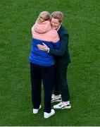 9 April 2024; Republic of Ireland head coach Eileen Gleeson, right, greets England manager Sarina Wiegman before the UEFA Women's European Championship qualifying group A match between Republic of Ireland and England at Aviva Stadium in Dublin. Photo by Tyler Miller/Sportsfile