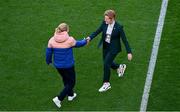 9 April 2024; Republic of Ireland head coach Eileen Gleeson, right, greets England manager Sarina Wiegman before the UEFA Women's European Championship qualifying group A match between Republic of Ireland and England at Aviva Stadium in Dublin. Photo by Tyler Miller/Sportsfile