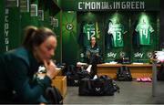 9 April 2024; Anna Patten, right, and Megan Campbell of Republic of Ireland in the dressingroom before the UEFA Women's European Championship qualifying group A match between Republic of Ireland and England at Aviva Stadium in Dublin. Photo by Stephen McCarthy/Sportsfile