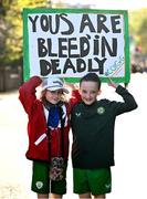 9 April 2024; Republic of Ireland supporters Polly Clarke, age 10, and Beth Davis, age 10, from Dublin 8, before the UEFA Women's European Championship qualifying group A match between Republic of Ireland and England at Aviva Stadium in Dublin. Photo by Ramsey Cardy/Sportsfile