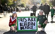 9 April 2024; Reoublic of Ireland supporters Polly Clarke, age 10, and Beth Davis, age 10, from Dublin 8, before the UEFA Women's European Championship qualifying group A match between Republic of Ireland and England at Aviva Stadium in Dublin. Photo by Ramsey Cardy/Sportsfile