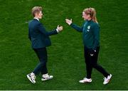 9 April 2024; Republic of Ireland head coach Eileen Gleeson, left, and Amber Barrett before the UEFA Women's European Championship qualifying group A match between Republic of Ireland and England at Aviva Stadium in Dublin. Photo by Tyler Miller/Sportsfile