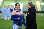 9 April 2024; Lucy Bronze of England, left, and Republic of Ireland assistant coach Emma Byrne before the UEFA Women's European Championship qualifying group A match between Republic of Ireland and England at Aviva Stadium in Dublin. Photo by Stephen McCarthy/Sportsfile