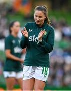 9 April 2024; Kyra Carusa of Republic of Ireland warms up before the UEFA Women's European Championship qualifying group A match between Republic of Ireland and England at Aviva Stadium in Dublin. Photo by Stephen McCarthy/Sportsfile