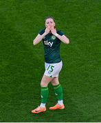 9 April 2024; Lucy Quinn of Republic of Ireland blows kisses to family before the UEFA Women's European Championship qualifying group A match between Republic of Ireland and England at Aviva Stadium in Dublin. Photo by Tyler Miller/Sportsfile