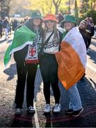 9 April 2024; Republic of Ireland supporters, from left, Katie Dorgan, Eabha Goother and Casey Egan, from Cork, before the UEFA Women's European Championship qualifying group A match between Republic of Ireland and England at Aviva Stadium in Dublin. Photo by Ramsey Cardy/Sportsfile