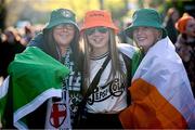 9 April 2024; Republic of Ireland supporters, from left, Katie Dorgan, Eabha Goother and Casey Egan, from Cork, before the UEFA Women's European Championship qualifying group A match between Republic of Ireland and England at Aviva Stadium in Dublin. Photo by Ramsey Cardy/Sportsfile