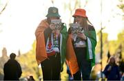 9 April 2024; Republic of Ireland supporters, from left, Katie Dorgan and Eabha Goother, from Cork, before the UEFA Women's European Championship qualifying group A match between Republic of Ireland and England at Aviva Stadium in Dublin. Photo by Ramsey Cardy/Sportsfile