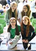 9 April 2024; Supporters, clockwise from back left, Georgia Watters, Ella Grace, Ellsa-James Milne and Phoebe brocklebank before the UEFA Women's European Championship qualifying group A match between Republic of Ireland and England at Aviva Stadium in Dublin. Photo by Ben McShane/Sportsfile