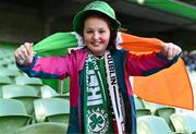 9 April 2024; Evelyn Furlong, age 10, from Fethard on Sea in Wexford, before the UEFA Women's European Championship qualifying group A match between Republic of Ireland and England at Aviva Stadium in Dublin. Photo by Ben McShane/Sportsfile