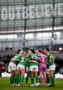 9 April 2024; The Republic of Ireland team huddle before the UEFA Women's European Championship qualifying group A match between Republic of Ireland and England at Aviva Stadium in Dublin. Photo by Ben McShane/Sportsfile