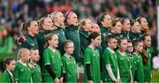 9 April 2024; The Republic of Ireland team sing Amhrán na bhFiann before the UEFA Women's European Championship qualifying group A match between Republic of Ireland and England at Aviva Stadium in Dublin. Photo by Ramsey Cardy/Sportsfile