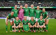 9 April 2024; The Republic of Ireland team, back row, from left, Katie McCabe, Anna Patten, Courtney Brosnan, Caitlin Hayes, Louise Quinn, Kyra Carusa and Ruesha Littlejohn with, front, from left, Lucy Quinn, Denise O'Sullivan, Heather Payne and Aoife Mannion before the UEFA Women's European Championship qualifying group A match between Republic of Ireland and England at Aviva Stadium in Dublin. Photo by Stephen McCarthy/Sportsfile