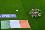 9 April 2024; The Republic of Ireland team, back row, from left, Katie McCabe, Anna Patten, Courtney Brosnan, Caitlin Hayes, Louise Quinn, Kyra Carusa and Ruesha Littlejohn with, front, from left, Lucy Quinn, Denise O'Sullivan, Heather Payne and Lily Agg before the UEFA Women's European Championship qualifying group A match between Republic of Ireland and England at Aviva Stadium in Dublin. Photo by Tyler Miller/Sportsfile
