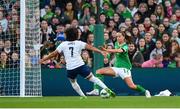 9 April 2024; Lauren James of England scores her side's first goal during the UEFA Women's European Championship qualifying group A match between Republic of Ireland and England at Aviva Stadium in Dublin. Photo by Stephen McCarthy/Sportsfile