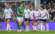 9 April 2024; Lauren James of England, right, is congratulated by teammates after scoring their side's first goal during the UEFA Women's European Championship qualifying group A match between Republic of Ireland and England at Aviva Stadium in Dublin. Photo by Stephen McCarthy/Sportsfile